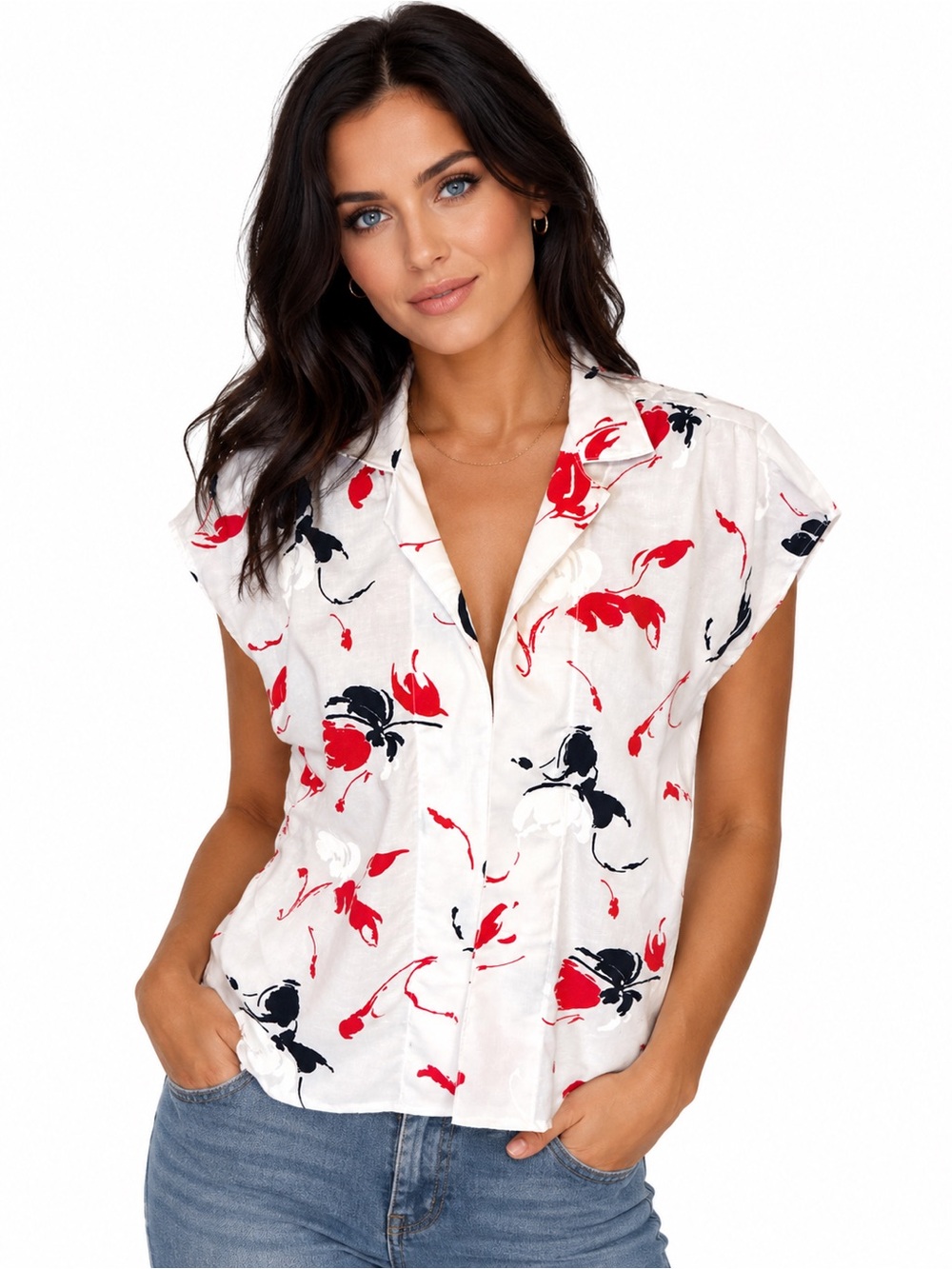 Vintage 70s Navy Blue Red White Floral Cover Up Blouse Open Front Retro Boho Top
